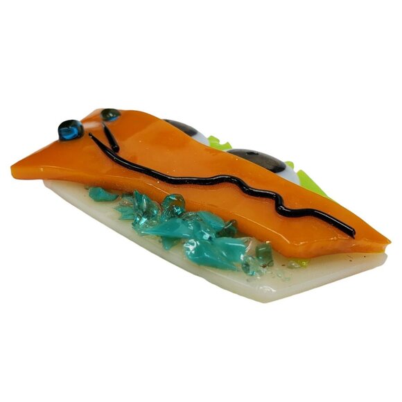 Fused Glass Art Brooch Pin Monster Big Eyes Sun Hat Blue Green Orange 2.5"x1.5" - Picture 8 of 8